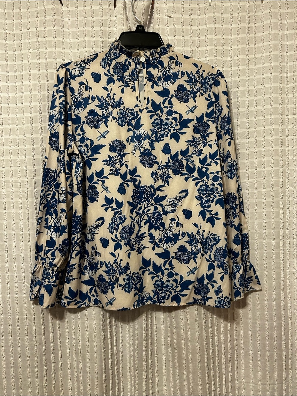 Floral Toile Ruffle Neck Blouse Blue Cream Long Sleeve Top Women's Small - Picture 5 of 6